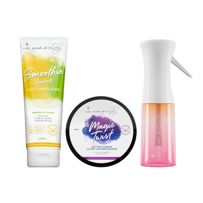 Starter Pack Cheveux Crépus - Lait sans rinçage, crème coiffante & vaporisateur